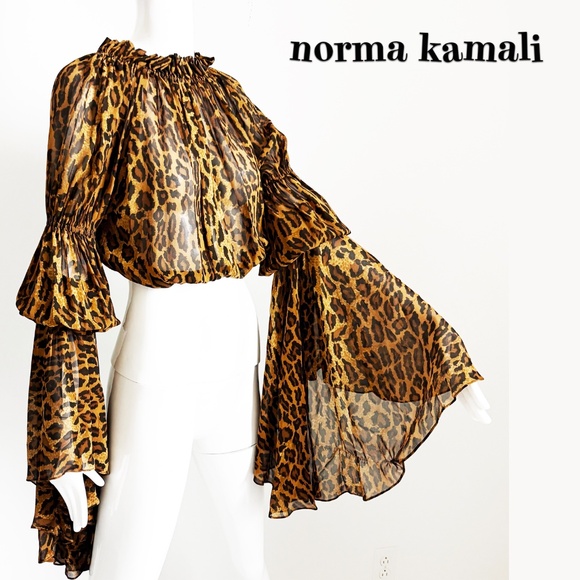 Norma Kamali OMO Leopard Print Blouse Crop Top Oversized Flounce Sleeves 90s HTF - Picture 1 of 16